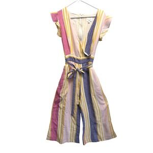 Line & Dot Jumpsuit Striped Ruffle Sleeve Size L Multi Color Women Resort